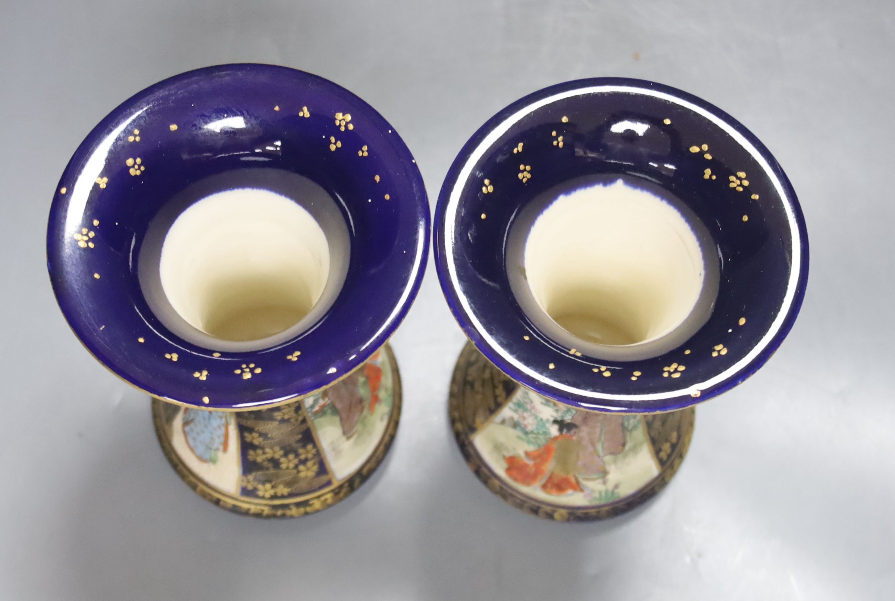 A pair of Japanese Satsuma pottery waisted vases, 15cm